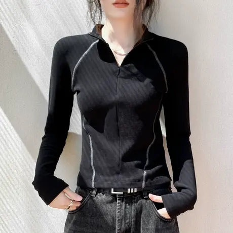 双面德绒拉链长袖上衣女2025秋冬新款高领修身内搭加绒保暖打底衫图片