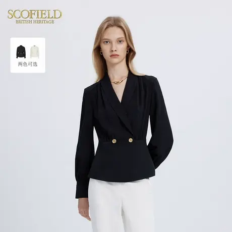 Scofield女装气质收腰垂感褶皱衬衫通勤V领秋季上衣金属扣装饰图片
