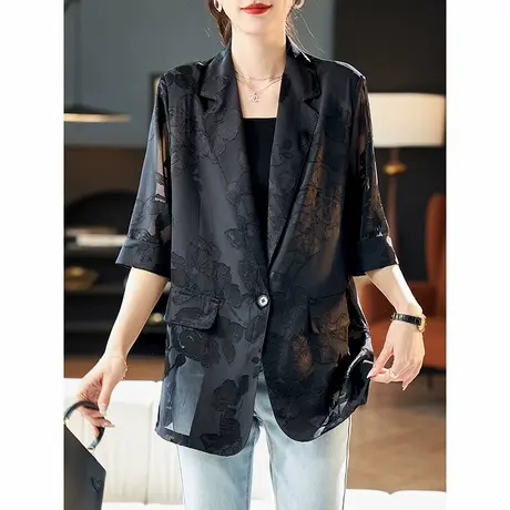 宝诗黎西装领提花薄防晒外套2025夏季气质五分袖百搭雪纺上衣女商品大图