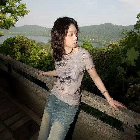 YEP复古国风蝴蝶紧身t恤女夏季新款显身材半袖新中式短袖上衣短款商品大图