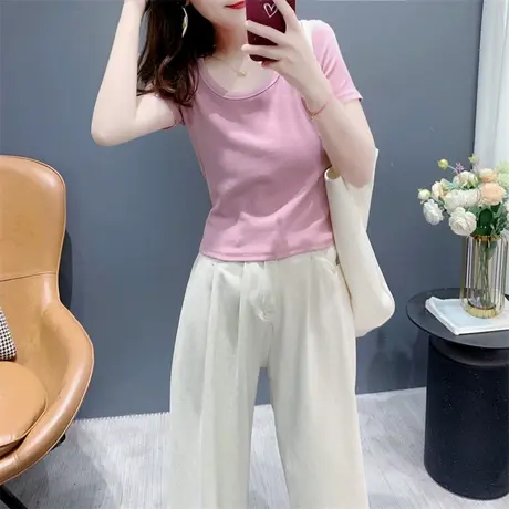 修身显瘦U领短袖t恤女2024夏季新款韩版百搭纯色内搭简约打底上衣商品大图