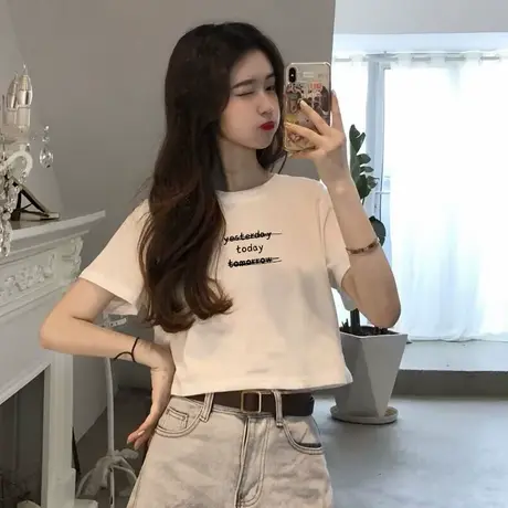 白色夏季正肩短袖t恤女2025新款简约字母印花修身小个子短款上衣商品大图