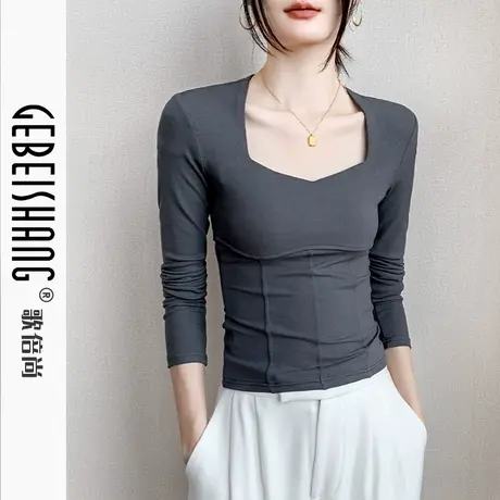 欧货方领长袖T恤女2025早秋新款鱼骨设计感小众纯色修身别致上衣图片