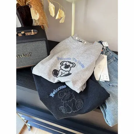 正肩直筒显瘦立体可爱小熊刺绣弹力棉短袖T恤女薄 灰色百搭上衣服商品大图