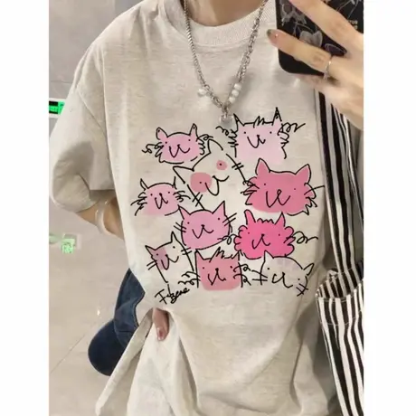 纯棉国潮美式oversize可爱短袖t恤女2025新款设计感小众卡通上衣图片
