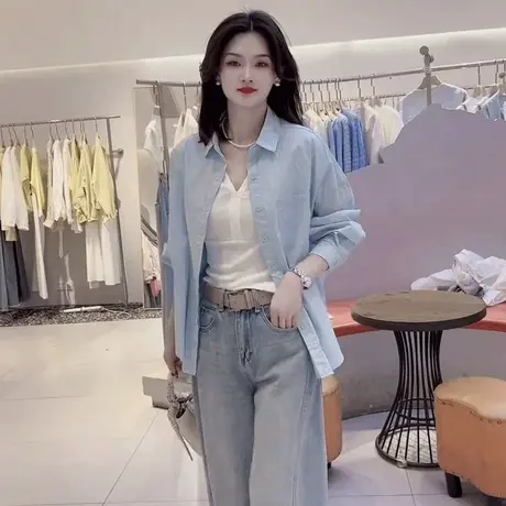 休闲蓝色防晒翻领长袖衬衫女春夏季新款洋气减龄时尚简约慵懒衬衣商品大图