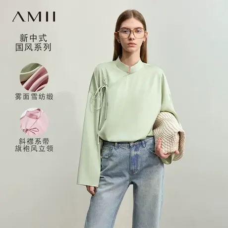 Amii极简国风新中式衬衫女2025夏新款盘扣立领微弹缎面梭织小衫图片