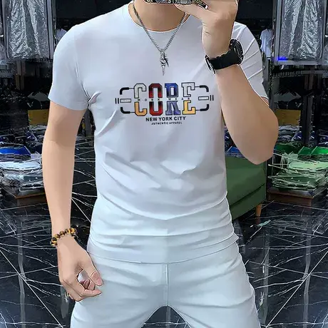 多工艺品质新款圆领短袖时尚t恤衫男士2025夏季高档轻奢欧潮白色图片