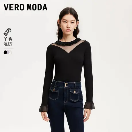Vero Moda奥莱针织衫女秋新款木耳边网纱拼接甜美气质毛衣流行图片