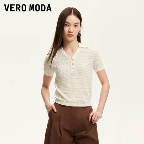 Vero Moda奥莱针织短袖女2025夏季新款翻领钩织镂空微透T恤上衣商品大图