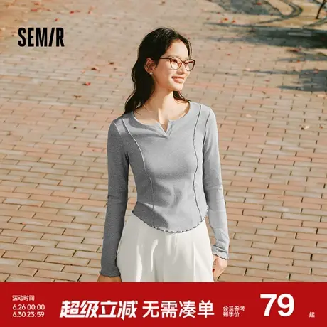 [商场同款]森马长袖T恤女短款纯色紧身显瘦2025春新款木耳边上衣图片