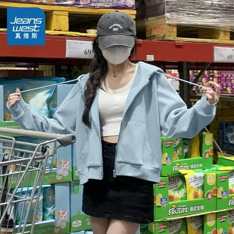 KMV真维斯蓝色外套女2025秋新款时尚百搭高级感宽松连帽卫衣开衫商品大图