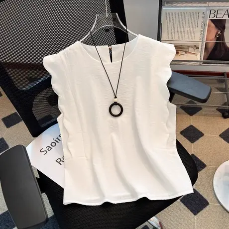 拉夏贝尔白色荷叶边无袖衬衫女夏薄款2025新款法式小上衣漂亮小衫商品大图