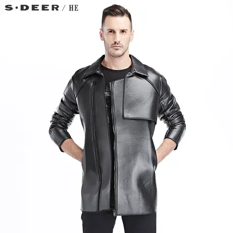 sdeerhe圣迪奥男装个性时尚挺括光泽漆皮斜襟翻领外套H15371717图片