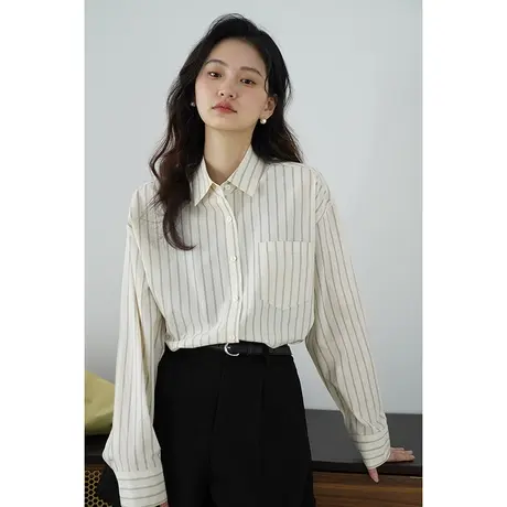 嘉茱莉2025春季新款竖条纹衬衫外套女宽松慵懒风上衣翻领女士衬衫图片