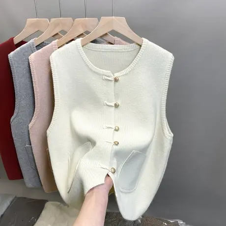 圆领针织马甲女开衫外搭背心叠穿无袖纯色毛衣坎肩马夹外套2024春商品大图