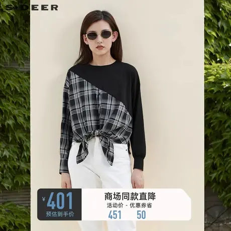 sdeer圣迪奥春秋装圆领撞色格纹拼接长袖T恤卫衣女S221Z0202图片