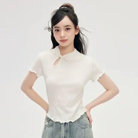 尔给小个子新中式短款斜襟上衣女夏款木耳边短袖t恤女2024新款图片