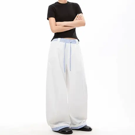 美式复古白色休闲裤女2025夏季新款拼接阔腿裤bf慵懒风直筒弯刀裤商品大图