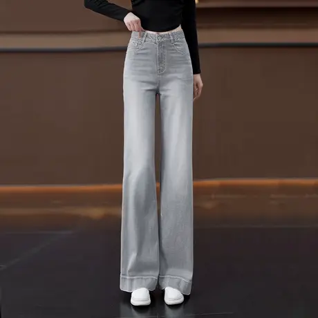 复古窄版阔腿牛仔裤女2025夏季薄款莫兰迪灰直筒裤高腰显瘦拖地裤商品大图