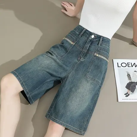 复古牛仔短裤女夏季薄款高腰直筒宽松百搭阔腿裤显瘦A字五分中裤商品大图