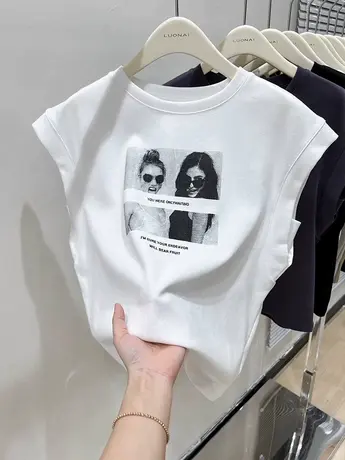 宽松显瘦无袖上衣女夏季2024新款小飞袖坎肩背心纯棉白色t恤女潮商品大图