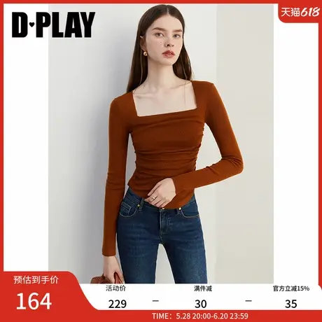 DPLAY2025春季新款气质方领复古红色T恤女羊毛针织衫上衣长袖图片