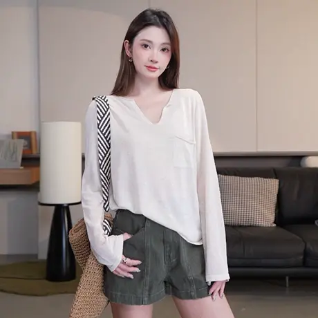 【莱赛尔+亚麻】夏季薄款透气v领毛针织衫女时尚小众长袖针织上衣商品大图