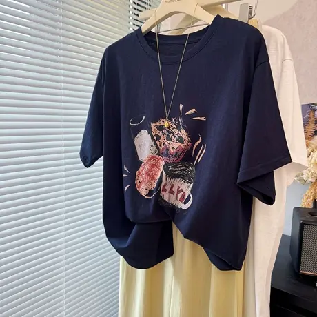 中长款宽松大版休闲时髦油画雪花棉短袖T恤女薄 过臀藏蓝白色体恤商品大图