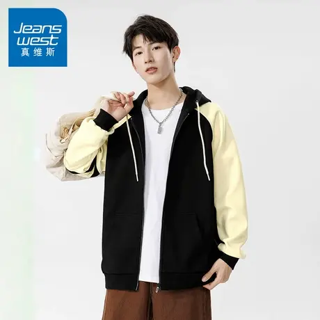 N5真维斯男士开衫卫衣2025秋季新款美式宽松男生春秋撞色连帽外套商品大图