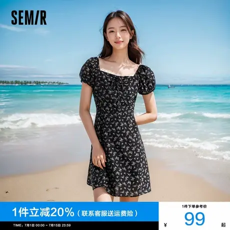 森马连衣裙女泡泡袖碎花雪纺裙森系2025新款夏季方领系带收腰短裙商品大图