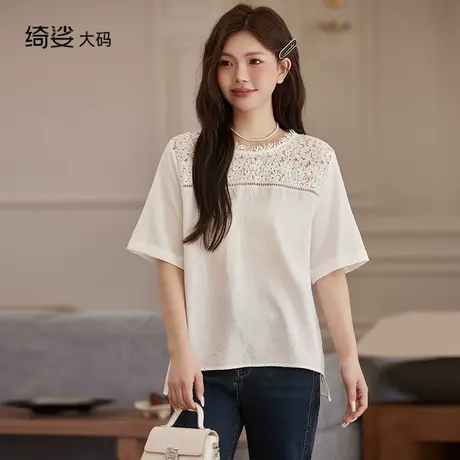 2025新款大码胖MM宽松l镂空蕾丝接接直筒遮肉百搭显瘦短袖衬衣商品大图
