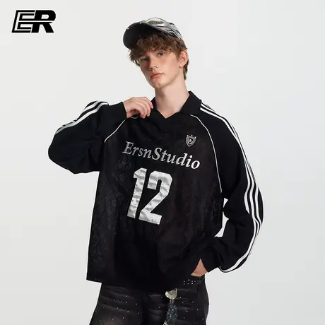 ER设计感蕾丝透视V领撞色条纹运动球服街头风美式长袖t恤情侣装图片