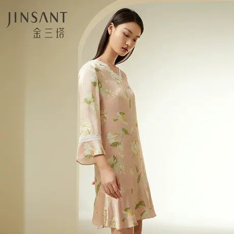 山茶漫漫】100%桑蚕丝v领女真丝印花丝滑睡裙家居服金三塔新品图片