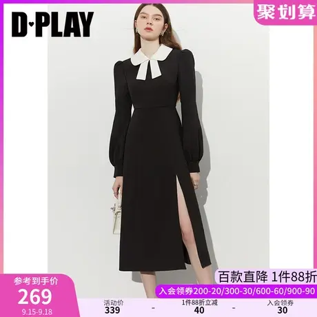 DPLAY2023秋装法式经典黑撞色蝴蝶结翻领灯笼袖高开衩长款连衣裙图片