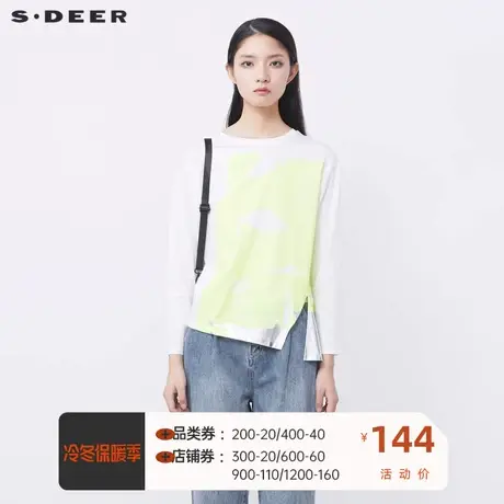 sdeer圣迪奥女装时尚圆领撞色印花不规则开衩长袖T恤S21380203❄商品大图