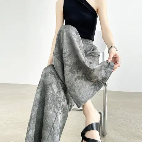 新中式国风抗皱提花阔腿裤女夏季薄款防晒直筒垂坠感宽松休闲裤子商品大图