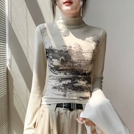 半高领磨毛T恤女2025秋季新款印花修身正肩洋气内搭抓绒打底衫潮图片