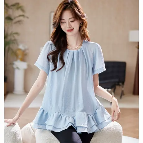 宝诗黎圆领宽松短袖衬衫女2025夏季韩系欧若风休闲简约气质衬衣图片