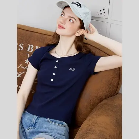 a02原创刺绣logo修身针织上衣夏季小清新休闲女式T恤商品大图