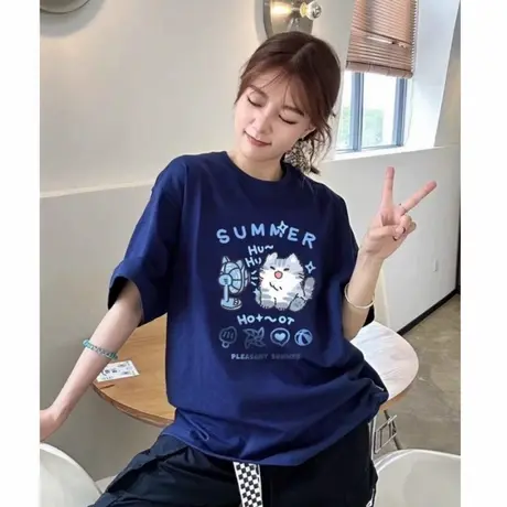小个子宽松大版卡通猫咪印花藏蓝色短袖t恤女2025新款夏季上衣潮商品大图