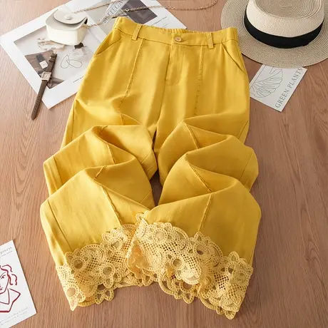 2025夏季新款蕾丝拼接阔腿裤时尚简约直筒休闲裤天丝亚麻九分裤子商品大图