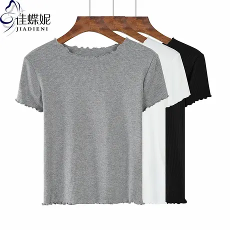 夏季新款韩版纯白修身显瘦短款高腰荷叶边圆领纯色短袖体恤上衣女商品大图