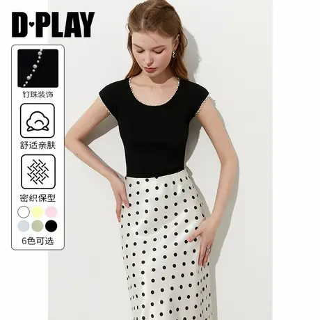 DPLAY【惠品】2025年夏季新款黑色t恤女修身珍珠针织衫短袖上衣商品大图