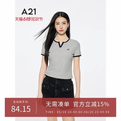 A21女装拼接撞色V领T恤2025夏季新款简约设计感字母绣花短袖上衣图片