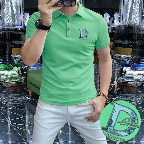 Polo衫半袖轻奢夏季上衣简欧男装男士短袖新款舒适透气合身型浅绿图片