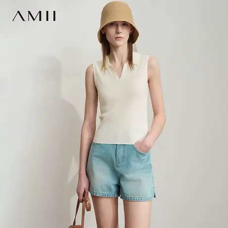 Amii2025夏新款简约风休闲翻领V领无袖毛针织衫女修身显瘦上衣商品大图