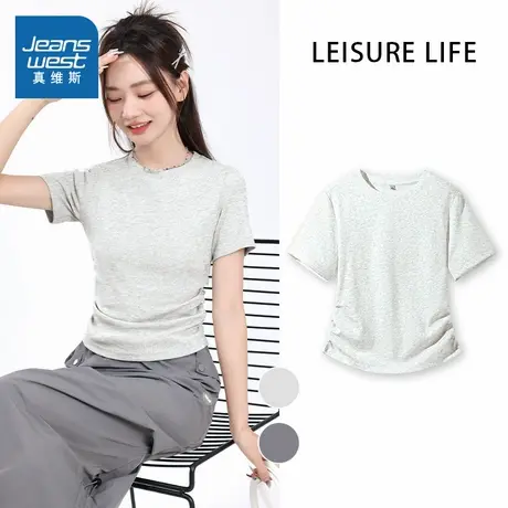 KMV真维斯白色抽褶短袖t恤女2025新款春夏短款正肩独特绝美小上衣图片