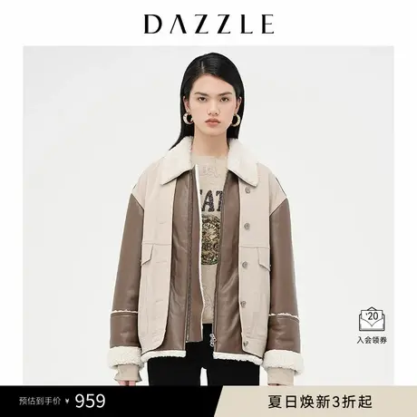 DAZZLE地素奥莱 仿羊羔绒翻领拼接中长棉服外套女2D4H3031L商品大图