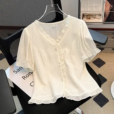 拉夏贝尔夏季v领短袖雪纺衬衫女2025新款小衫减龄时尚遮肚子上衣图片